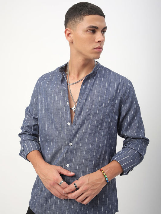 Midnight Blue Dobby Striped Mandarin Shirt