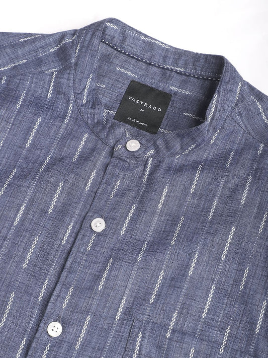 Midnight Blue Dobby Striped Mandarin Shirt