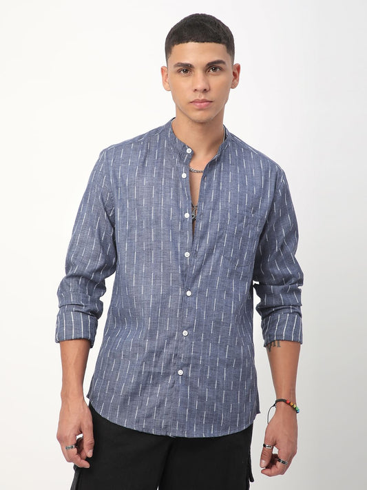 Midnight Blue Dobby Striped Mandarin Shirt