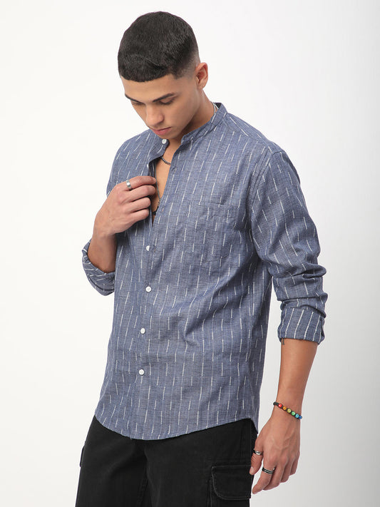Midnight Blue Dobby Striped Mandarin Shirt