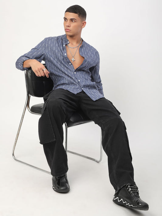 Midnight Blue Dobby Striped Mandarin Shirt