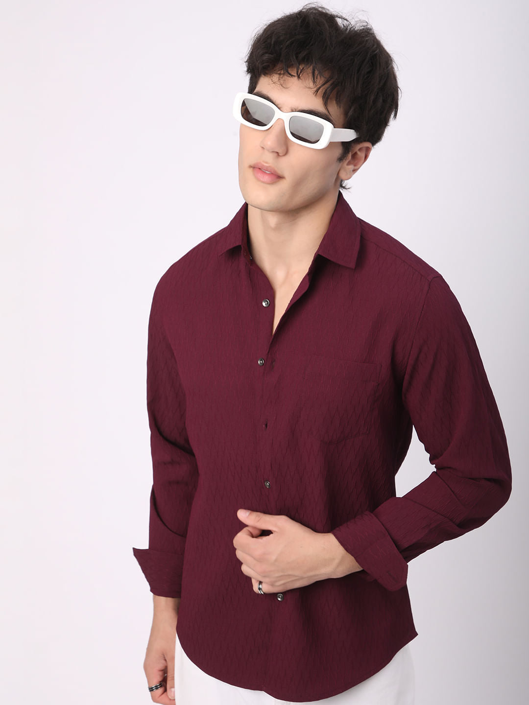 Elegant Wine Crinkled Textured Shirt