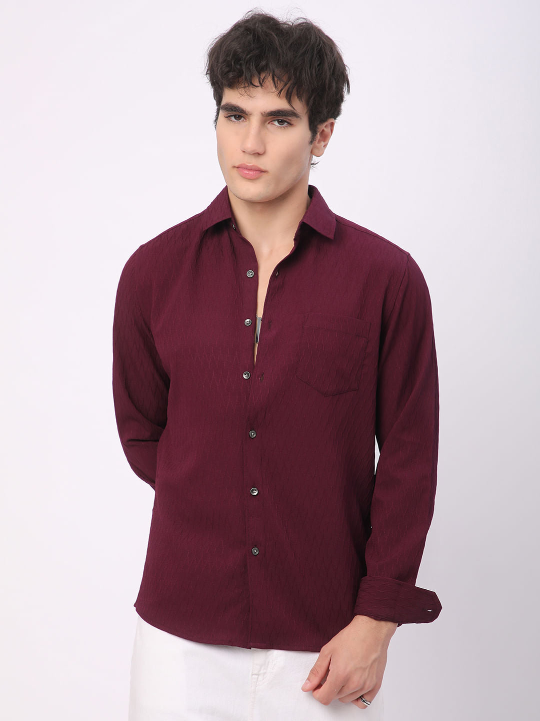 Elegant Wine Crinkled Textured Shirt