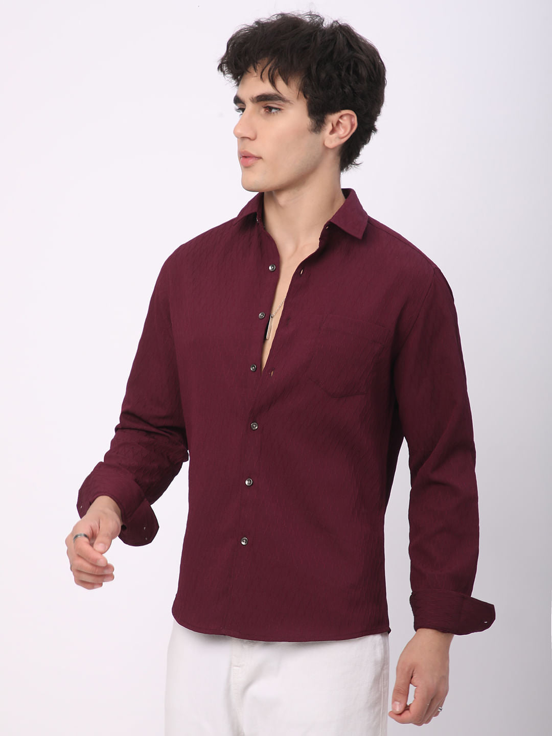 Elegant Wine Crinkled Textured Shirt