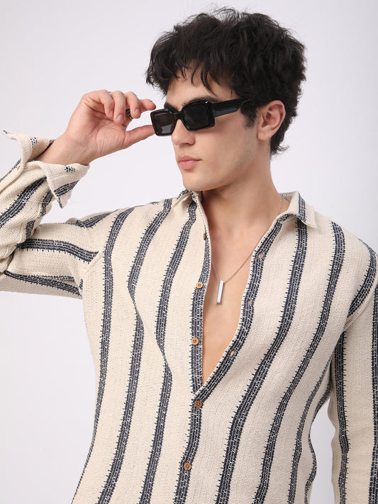 Premium Cotton Ivory & Navy Vertical Striped Crochet Shirt