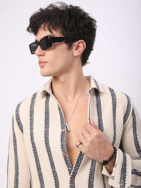 Premium Cotton Ivory & Navy Vertical Striped Crochet Shirt