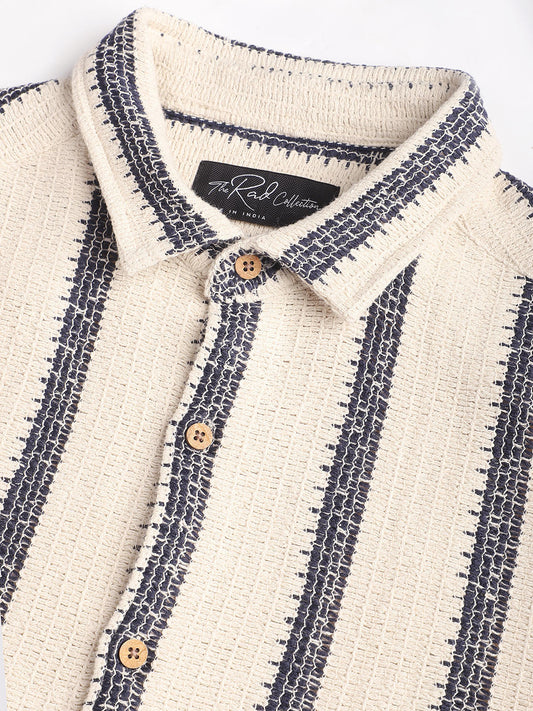 Premium Cotton Ivory & Navy Vertical Striped Crochet Shirt
