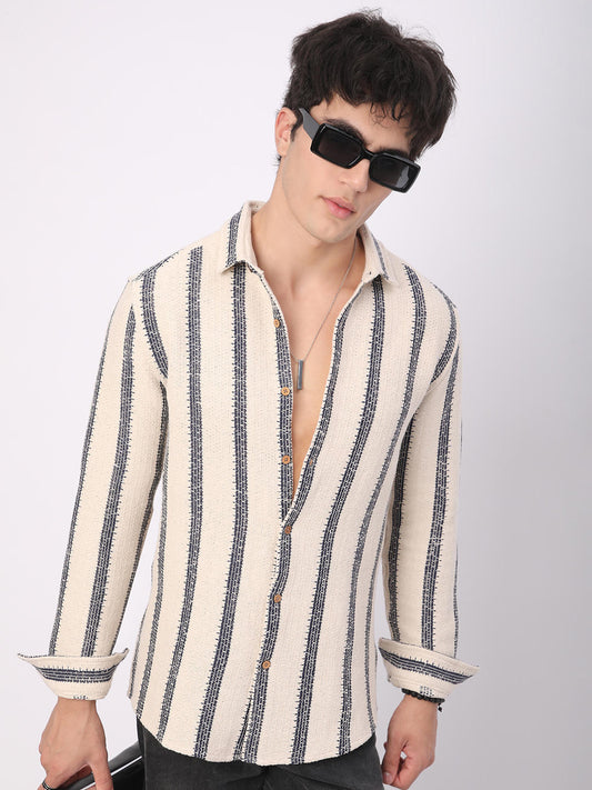 Premium Cotton Ivory & Navy Vertical Striped Crochet Shirt
