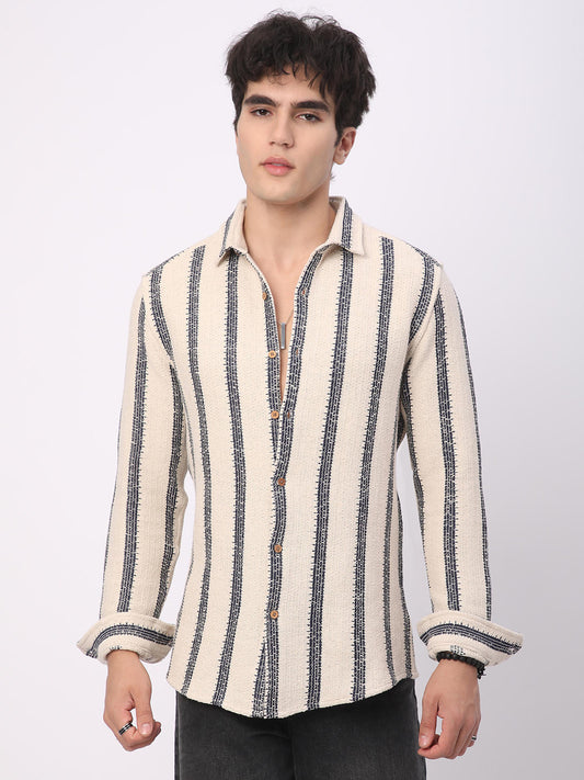 Premium Cotton Ivory & Navy Vertical Striped Crochet Shirt