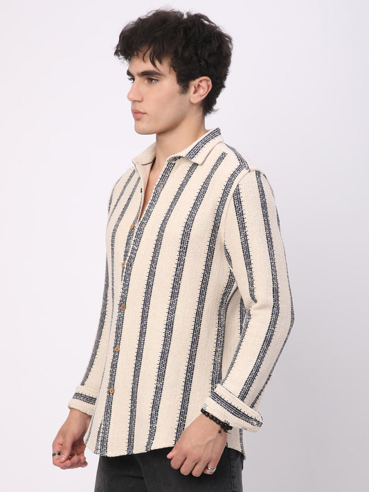 Premium Cotton Ivory & Navy Vertical Striped Crochet Shirt