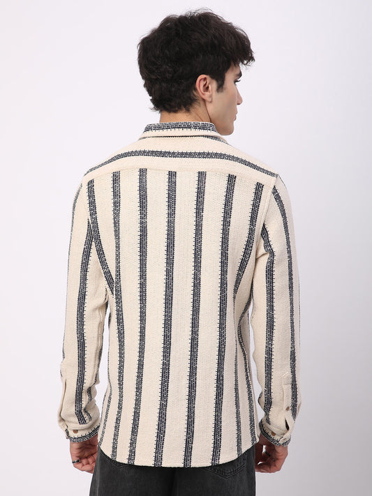 Premium Cotton Ivory & Navy Vertical Striped Crochet Shirt