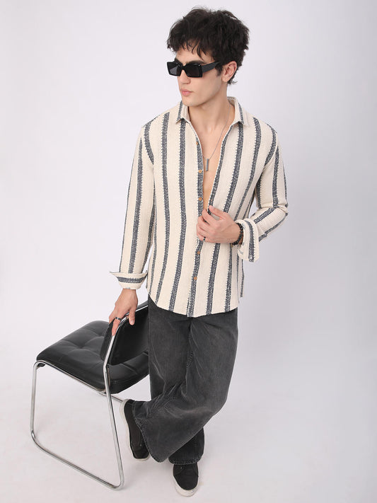 Premium Cotton Ivory & Navy Vertical Striped Crochet Shirt