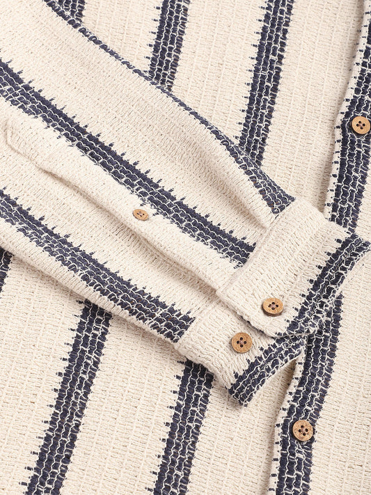 Premium Cotton Ivory & Navy Vertical Striped Crochet Shirt