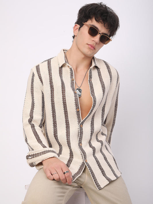 Premium Cotton Ivory & Brown Vertical Striped Crochet Shirt