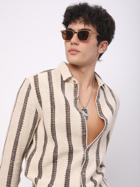 Premium Cotton Ivory & Brown Vertical Striped Crochet Shirt