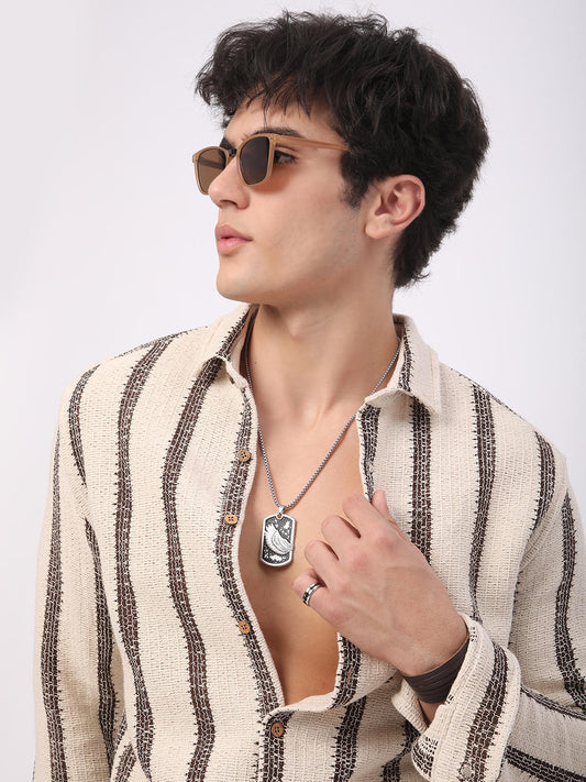 Premium Cotton Ivory & Brown Vertical Striped Crochet Shirt