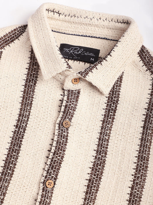 Premium Cotton Ivory & Brown Vertical Striped Crochet Shirt