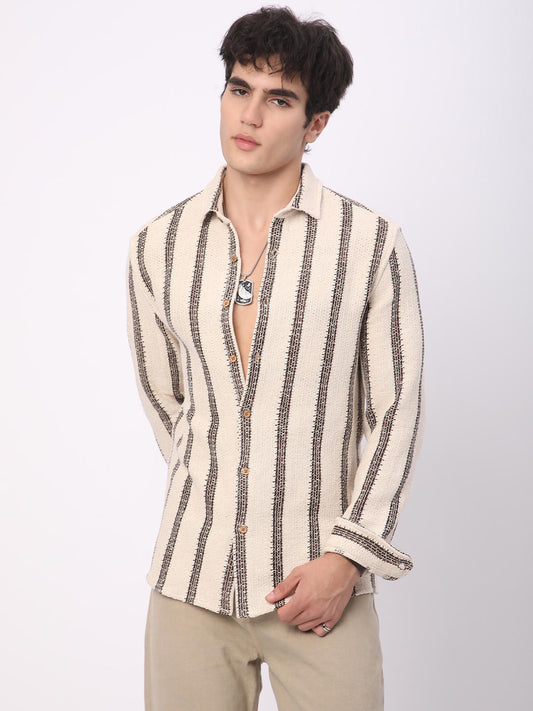 Premium Cotton Ivory & Brown Vertical Striped Crochet Shirt
