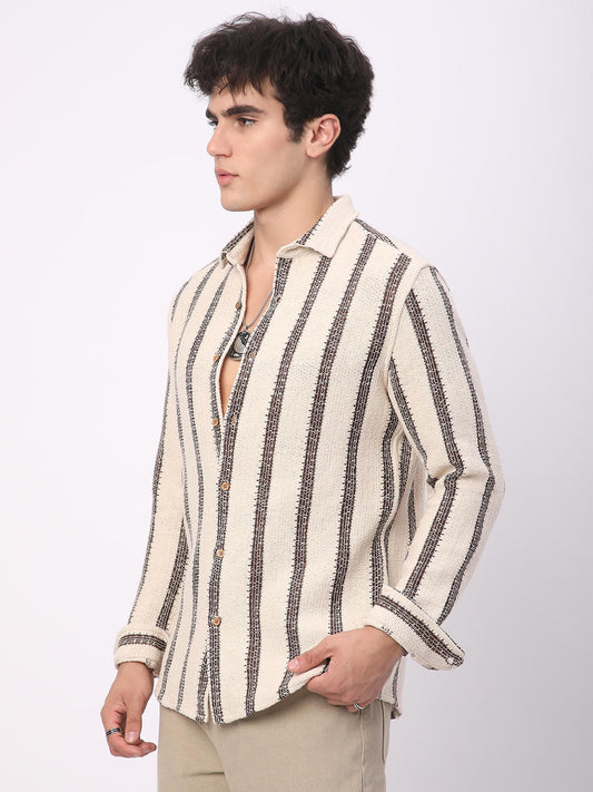 Premium Cotton Ivory & Brown Vertical Striped Crochet Shirt