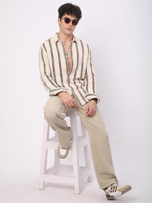 Premium Cotton Ivory & Brown Vertical Striped Crochet Shirt