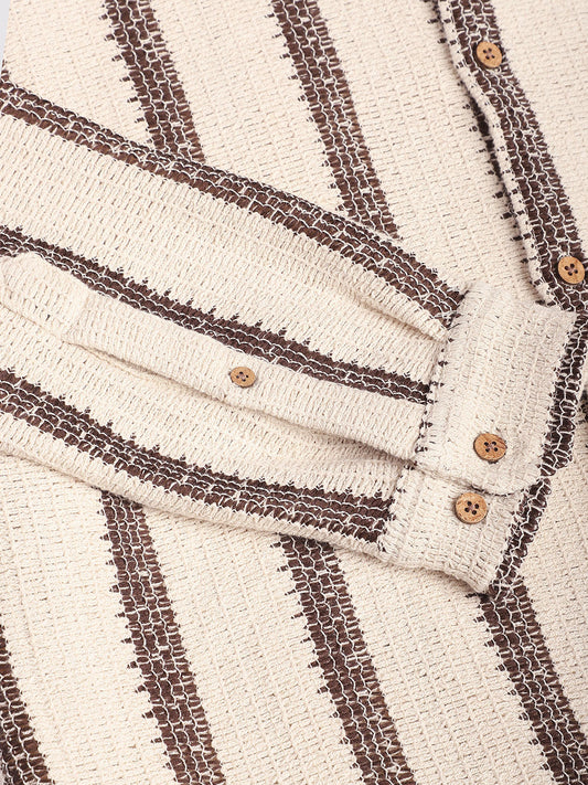 Premium Cotton Ivory & Brown Vertical Striped Crochet Shirt