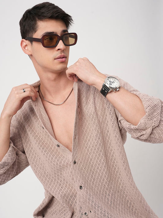 Almond Beige Crochet Cropped Shirt