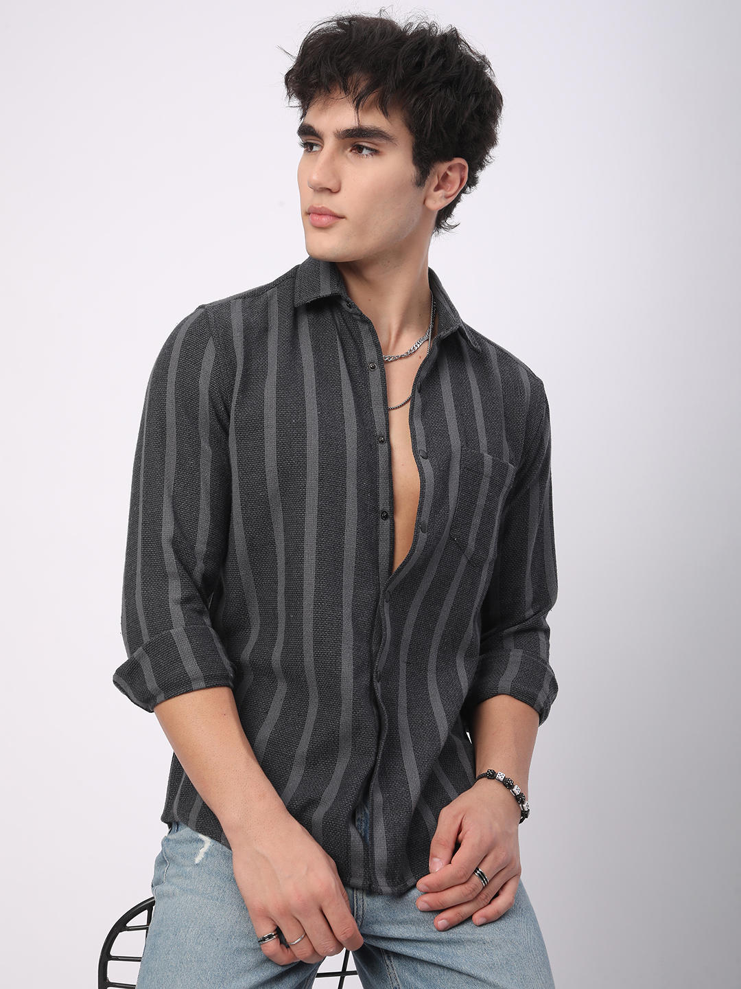 Charcoal Black & Grey Vertical Striped Shirt