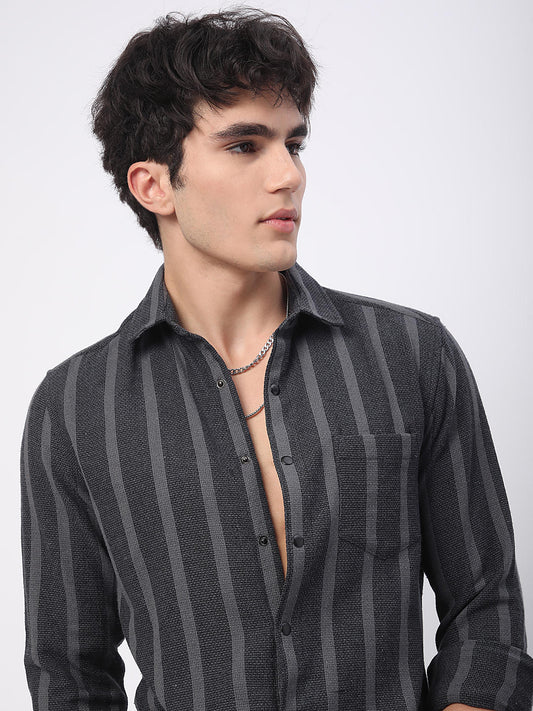 Charcoal Black & Grey Vertical Striped Shirt