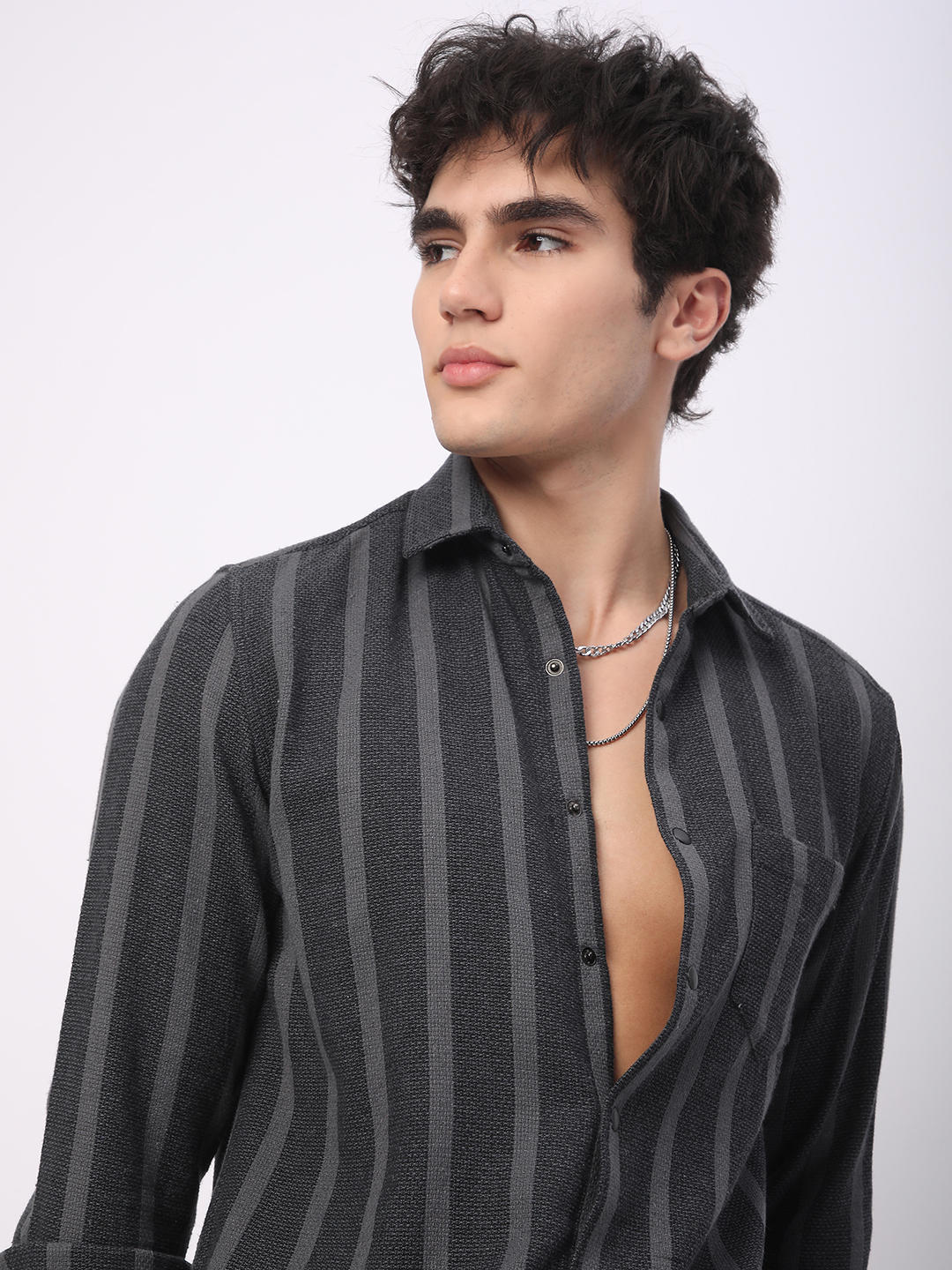 Charcoal Black & Grey Vertical Striped Shirt