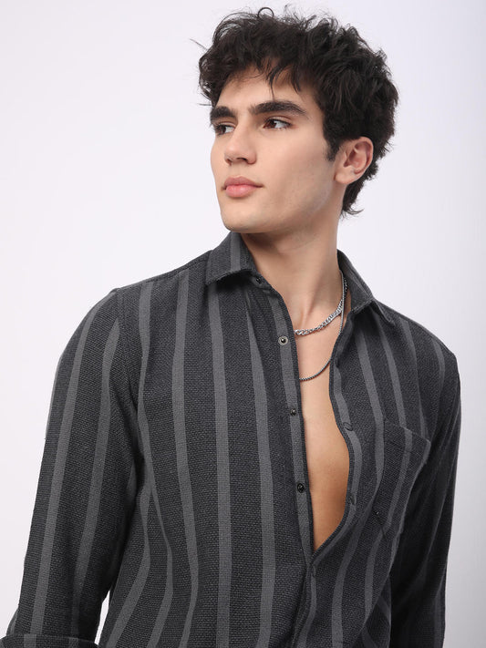 Charcoal Black & Grey Vertical Striped Shirt