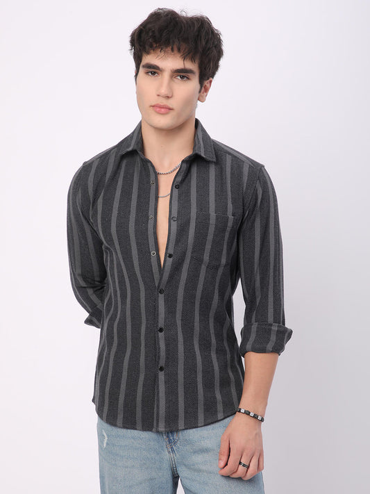 Charcoal Black & Grey Vertical Striped Shirt