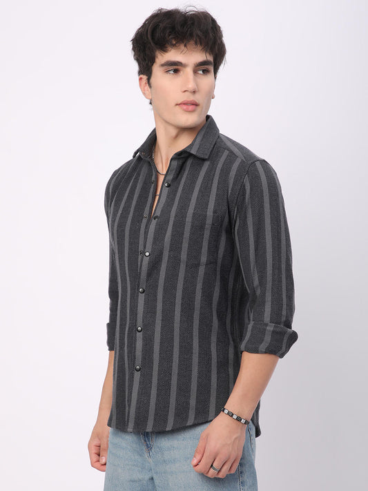 Charcoal Black & Grey Vertical Striped Shirt