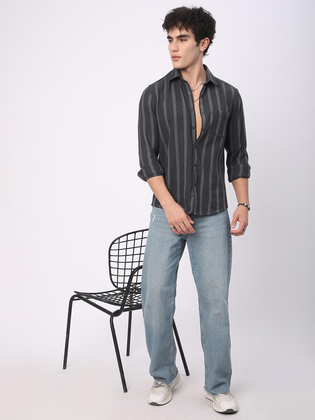 Charcoal Black & Grey Vertical Striped Shirt