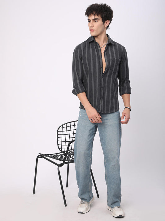 Charcoal Black & Grey Vertical Striped Shirt