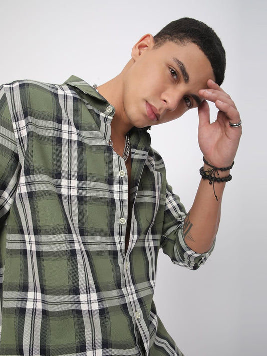 Premium Cotton Timeless Broad Square Olive Checks Shirt