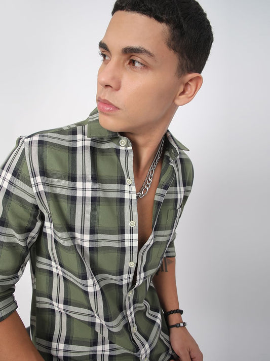 Premium Cotton Timeless Broad Square Olive Checks Shirt