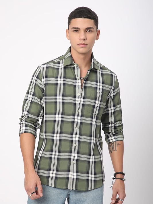 Premium Cotton Timeless Broad Square Olive Checks Shirt