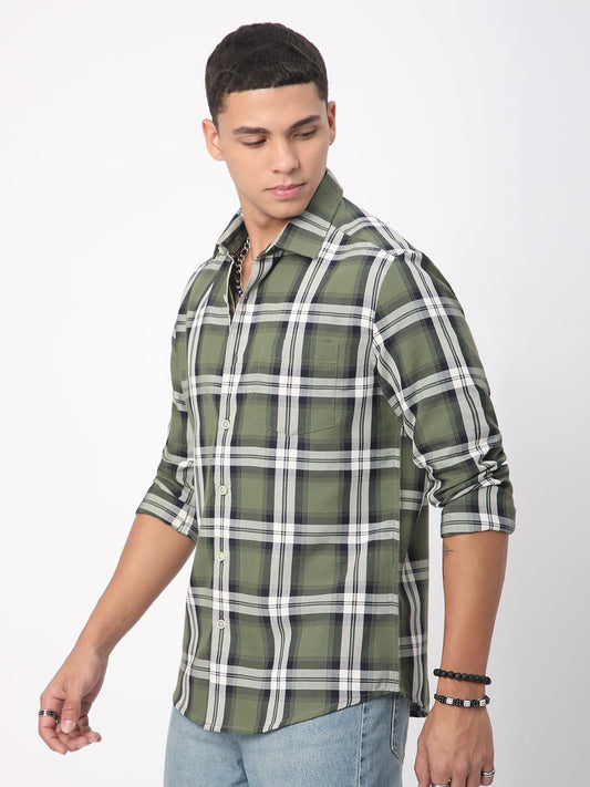 Premium Cotton Timeless Broad Square Olive Checks Shirt