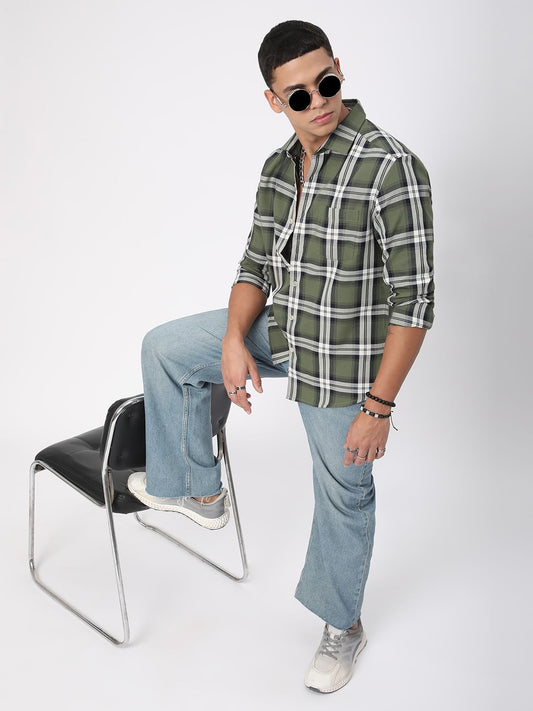 Premium Cotton Timeless Broad Square Olive Checks Shirt