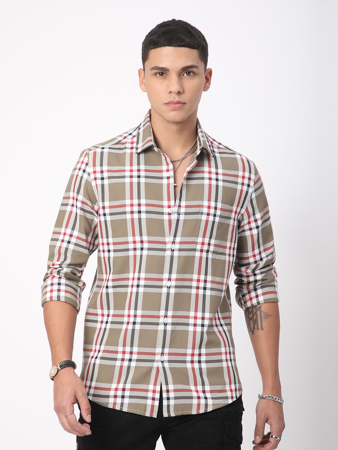 Premium Cotton Opulent Tartanique Olive Checkered Shirt