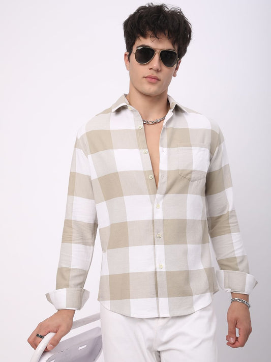 Premium Cotton Beige & White Tartan Checkered Shirt