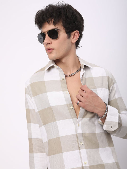 Premium Cotton Beige & White Tartan Checkered Shirt