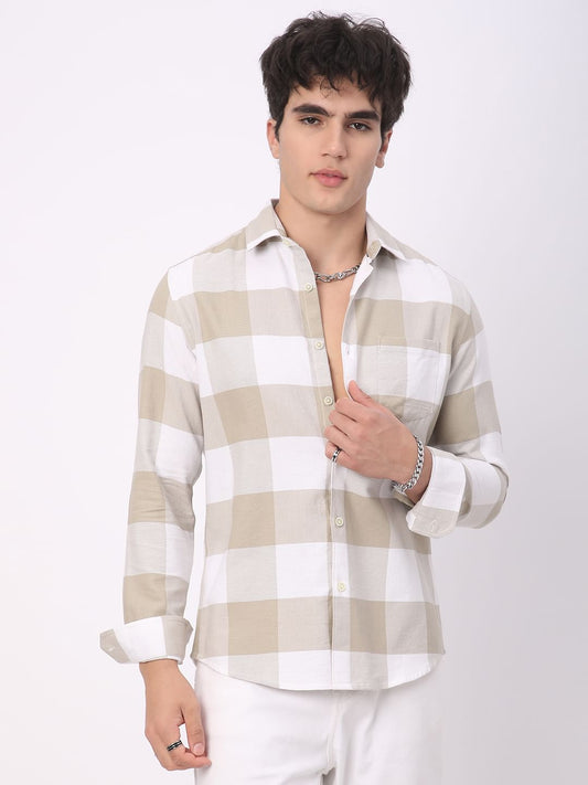 Premium Cotton Beige & White Tartan Checkered Shirt