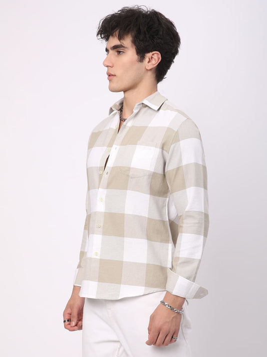 Premium Cotton Beige & White Tartan Checkered Shirt