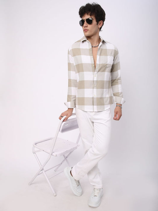 Premium Cotton Beige & White Tartan Checkered Shirt