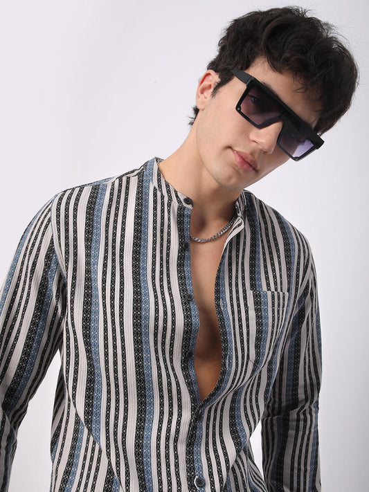 Refined Lozenge Black Striped Mandarin Shirt