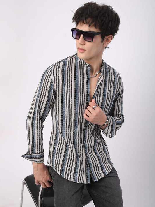 Refined Lozenge Black Striped Mandarin Shirt