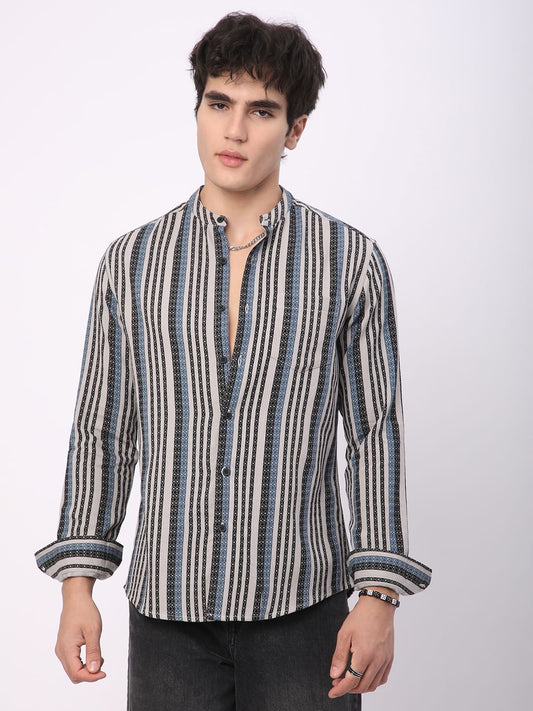 Refined Lozenge Black Striped Mandarin Shirt
