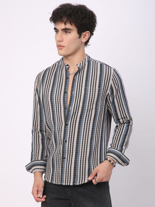 Refined Lozenge Black Striped Mandarin Shirt