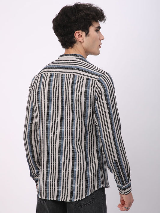 Refined Lozenge Black Striped Mandarin Shirt